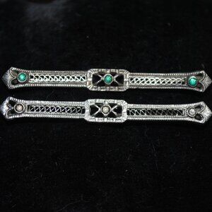 Antique Matching Pair of Filigree Bar Pins White & Green Glass